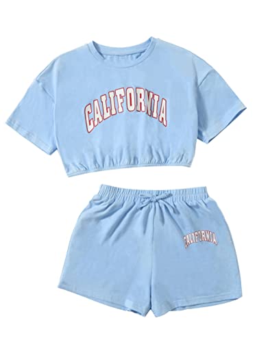 Girl's Short Sleeve Letter Graphic 2Pcs Crop Top and Track Shorts Set