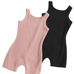 Girl's 2 Piece Solid Scoop Neck Sleeveless Ribbed Knit Short Romper Jumpsuit