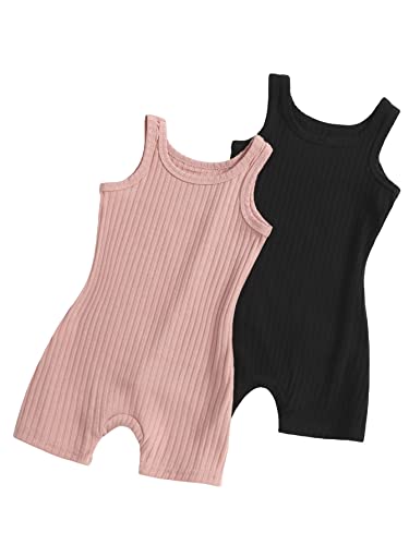 Girl's 2 Piece Solid Scoop Neck Sleeveless Ribbed Knit Short Romper Jumpsuit