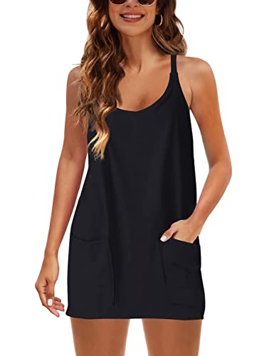 Women's Summer Sleeveless Mini Dress V Neck Spaghetti Straps Athletic Built-in Shorts Sundress