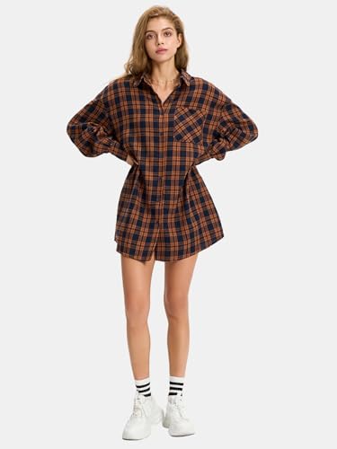 Womens Plaid Flannel Shacket Long Sleeve Button Down Shirts Long Jackets Oversized Spring Fashion Outfits 2025 Clothes