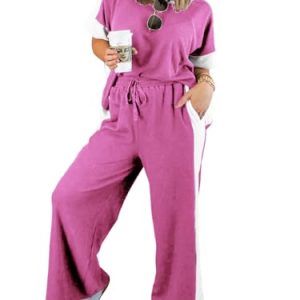 Womens Summer 2 Piece Outfits Color Block Short Sleeve Tops Tracksuit Wide Leg Pants Matching Set Lounge Sets 2025