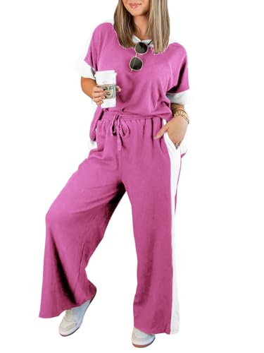 Womens Summer 2 Piece Outfits Color Block Short Sleeve Tops Tracksuit Wide Leg Pants Matching Set Lounge Sets 2025