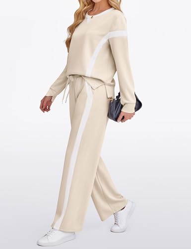 Women 2 Piece Lounge Set Tracksuit Color Block Pullover Wide Leg Pants Sweatsuit Matching Sets S-3XL