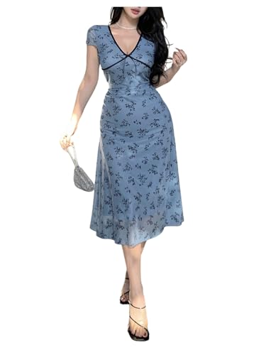 Women's Summer Floral Mesh Midi Dress Short Sleeve V Neck Fit and Flare Sundress