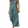 Women Button Down Jumpsuits Cotton Linen Sleeveless Casual Wide Legs Rompers Loose Overall with Pockets(Teal-XL)