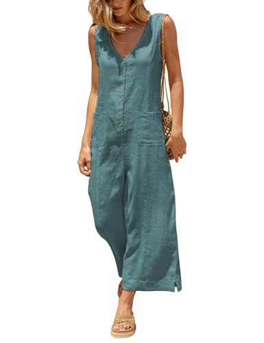 Women Button Down Jumpsuits Cotton Linen Sleeveless Casual Wide Legs Rompers Loose Overall with Pockets(Teal-XL)