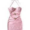 Women's Y2k Cut Out Metal 3D Flower Halter Mini Dress Ruched Bodycon Sexy Clubbing Dress