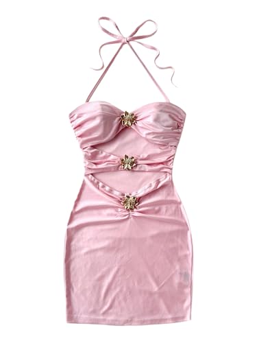 Women's Y2k Cut Out Metal 3D Flower Halter Mini Dress Ruched Bodycon Sexy Clubbing Dress