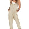 Womens Overalls Linen Cotton Jumpsuits Loose Casual Jumpers with Pockets