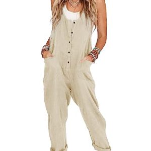 Womens Overalls Linen Cotton Jumpsuits Loose Casual Jumpers with Pockets