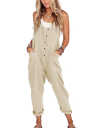 Womens Overalls Linen Cotton Jumpsuits Loose Casual Jumpers with Pockets