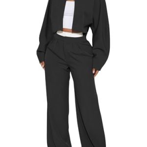 Women Fall 2 Piece Outfits Long Sleeve Zip Up Crop Sweatshirts Jacket Wide Leg Pants Airport Travel Matching Sets 2025
