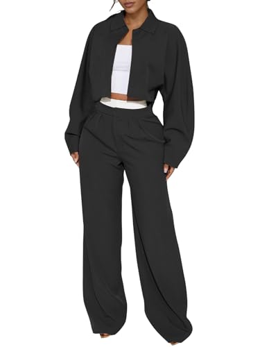 Women Fall 2 Piece Outfits Long Sleeve Zip Up Crop Sweatshirts Jacket Wide Leg Pants Airport Travel Matching Sets 2025