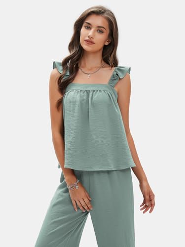 Womens Summer 2 Piece Sets Sleeveless Square Neck Tie-Back Cami Top Wide Leg Pants Matching Set