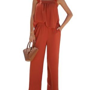 Womens Summer 2 Piece Sets Sleeveless Square Neck Tie-Back Cami Top Wide Leg Pants Matching Set Beach Vacation Outfits