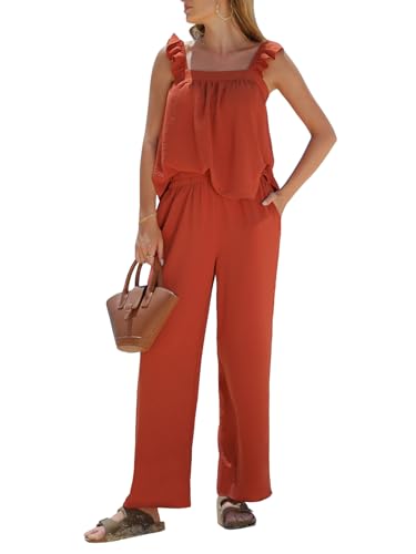 Womens Summer 2 Piece Sets Sleeveless Square Neck Tie-Back Cami Top Wide Leg Pants Matching Set Beach Vacation Outfits
