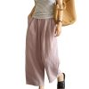 Womens Linen Pants Summer Casual Capris Cropped Wide Leg Beach Trousers with Pockets