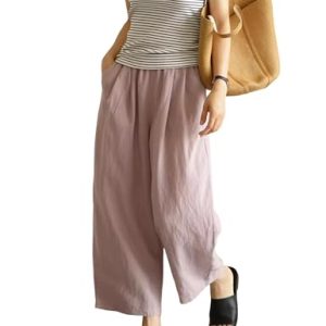 Womens Linen Pants Summer Casual Capris Cropped Wide Leg Beach Trousers with Pockets