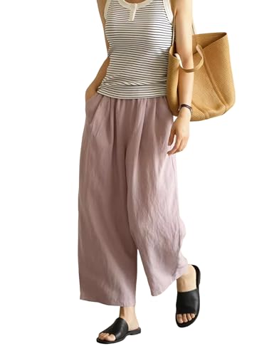 Womens Linen Pants Summer Casual Capris Cropped Wide Leg Beach Trousers with Pockets