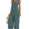 Women Button Down Jumpsuits Cotton Linen Sleeveless Casual Wide Legs Rompers Loose Overall with Pockets(Teal-XL)