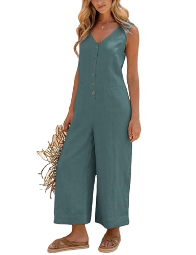 Women Button Down Jumpsuits Cotton Linen Sleeveless Casual Wide Legs Rompers Loose Overall with Pockets(Teal-XL)