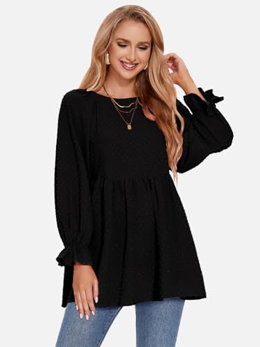 EXLURA Womens Fall Long Sleeve Loose Blouses Swiss Dot Babydoll Shirts Dressy Casual Peplum Tunic Tops Trendy Outfits 2025