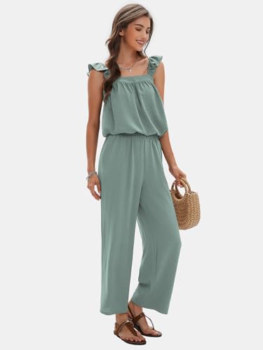 Womens Summer 2 Piece Sets Sleeveless Square Neck Tie-Back Cami Top Wide Leg Pants Matching Set