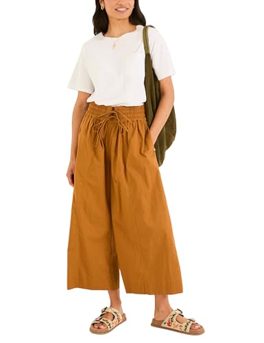 Women Casual Wide Leg Pants Summer Cotton High Rise Elastic Waist Cropped Capris Trousers with Pockets