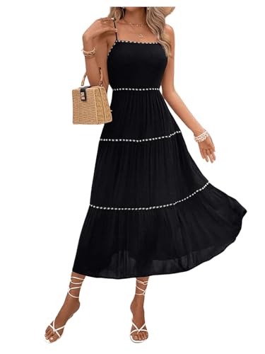 Women's Flowy Maxi Dress Tiered Ruffle Hem Spaghetti Strap Swing Long Cami Dress