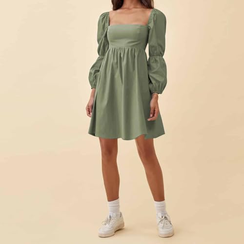 Womens 2025 Square Neck Dress Long Puff Sleeve A-Line Casual Short Mini Dresses
