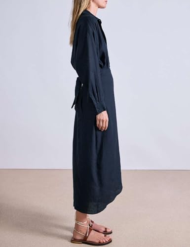 Women Cotton Linen Wrap Shirt Maxi Dress Button Down Long Sleeve Lapel Asym Slit Hem Sundress