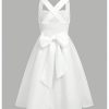 Girl's Criss Cross Bow Dress Smocked A Line Fit and Flare Midi Party Dresses