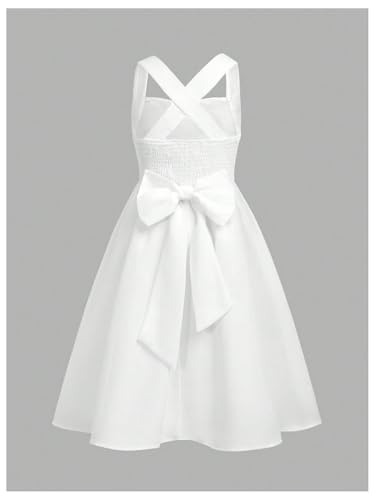 Girl's Criss Cross Bow Dress Smocked A Line Fit and Flare Midi Party Dresses