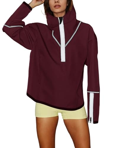 Womens Windbreaker Jacket Outdoors Hiking Reflective Striping Hooded Half Zip Pullover Contrast Pocketed Outerwear