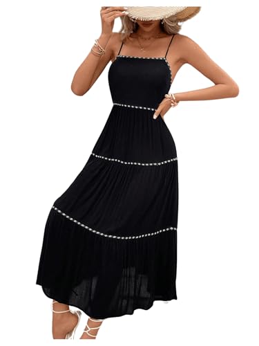 Women's Flowy Maxi Dress Tiered Ruffle Hem Spaghetti Strap Swing Long Cami Dress