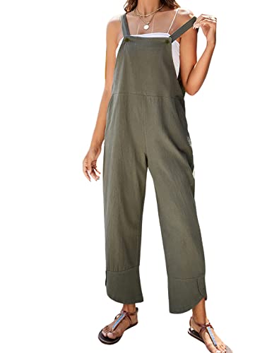 Women Summer Sleeveless Cotton Linen Bib Overalls Tulip Baggy Capri Jumpsuits with Pockets