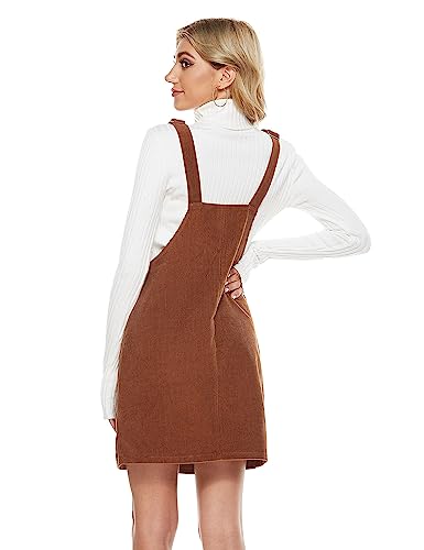 Womens Casual Corduroy Bib Knee Length Overalls Pinafore Midi Dress Jumpsuit（Brown-XS）