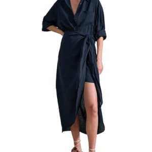 Women Cotton Linen Wrap Shirt Maxi Dress Button Down Long Sleeve Lapel Asym Slit Hem Sundress