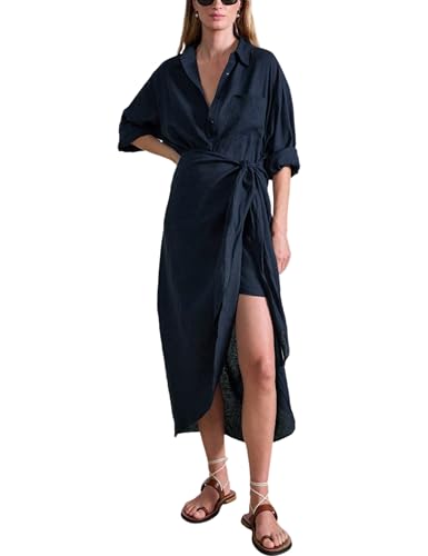 Women Cotton Linen Wrap Shirt Maxi Dress Button Down Long Sleeve Lapel Asym Slit Hem Sundress
