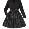 Girl's Ribbed Long Sleeve PU Leather Patchwork Belted A Line Flowy Skater Dress