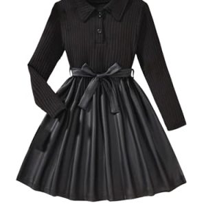 Girl's Ribbed Long Sleeve PU Leather Patchwork Belted A Line Flowy Skater Dress
