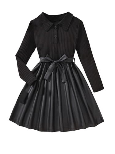Girl's Ribbed Long Sleeve PU Leather Patchwork Belted A Line Flowy Skater Dress