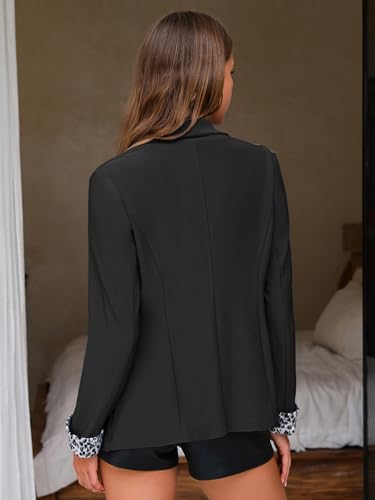 Women Casual Long Sleeve Leopard Cuff Blazers Open Front Stretchy Knit Blazer Business Work Office Suit Jacket Pockets