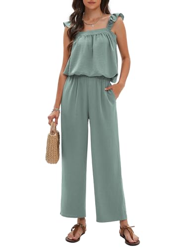 Womens Summer 2 Piece Sets Sleeveless Square Neck Tie-Back Cami Top Wide Leg Pants Matching Set