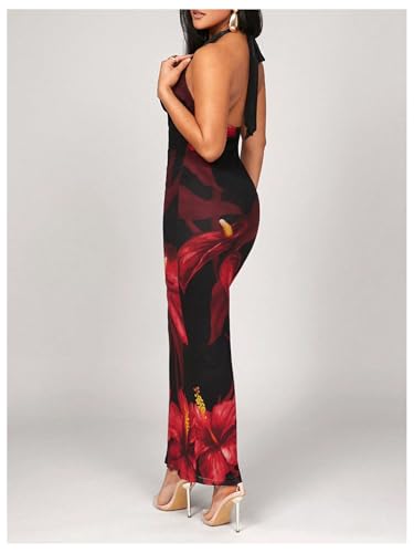 Women's Sexy Floral Maxi Dress Halter Tie Backless Cowl Neck Bodycon Party Dress