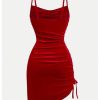 Girl's Velvet Cowl Neck Dress Drawstring Ruched Bodycon Spaghetti Strap Holiday Dress