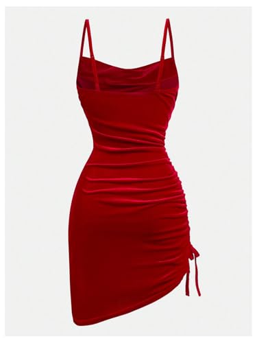 Girl's Velvet Cowl Neck Dress Drawstring Ruched Bodycon Spaghetti Strap Holiday Dress