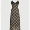 Women's Mesh Spaghetti Strap Long Plaid Dress V Neck Vintage Flared Cami Dress