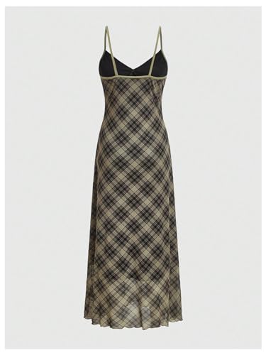 Women's Mesh Spaghetti Strap Long Plaid Dress V Neck Vintage Flared Cami Dress